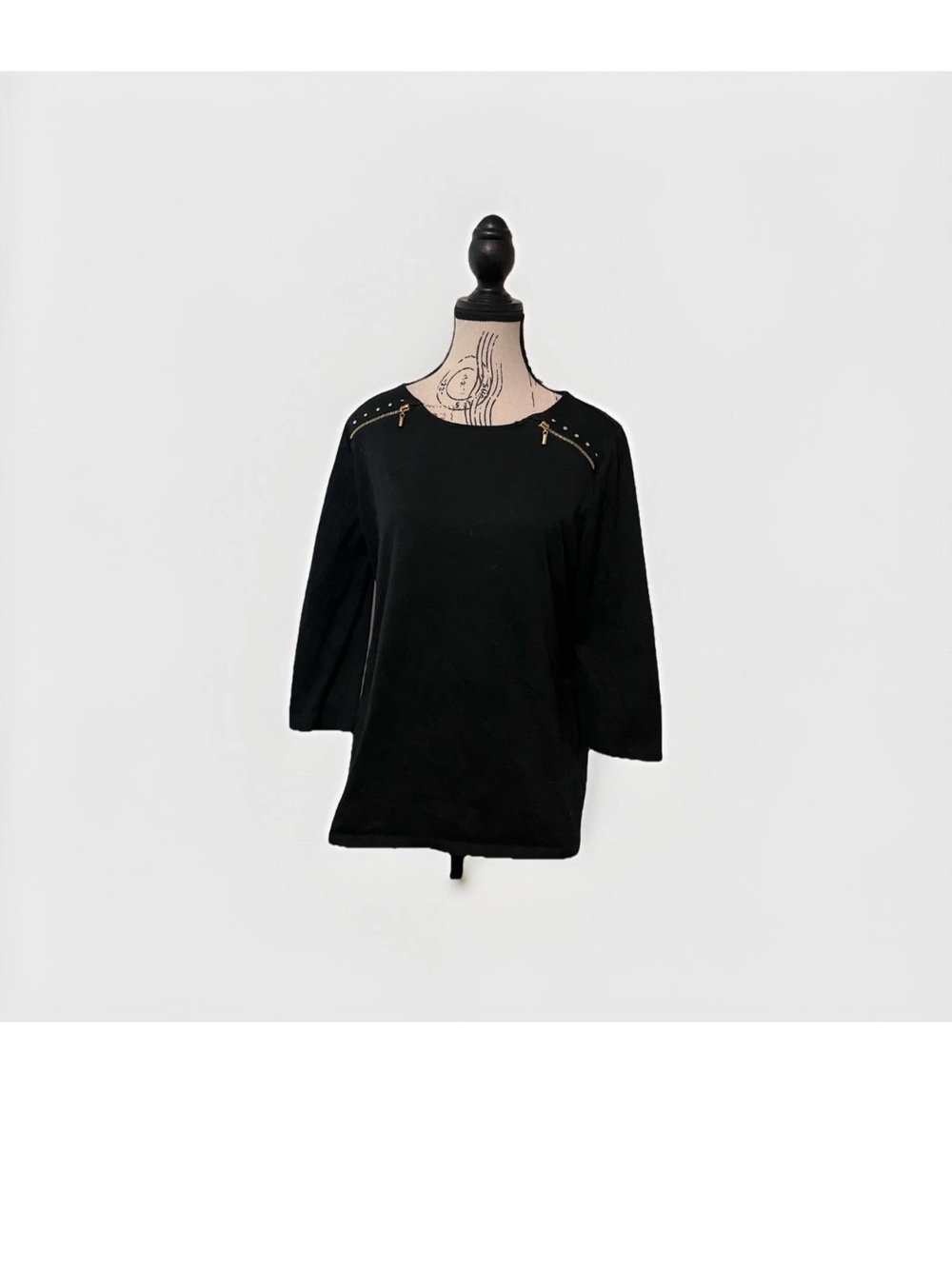 VTG Rebecca Malone Y2K Black Blouse 3/4 Sleeve Gold Shoulder Zip Rhinestone L